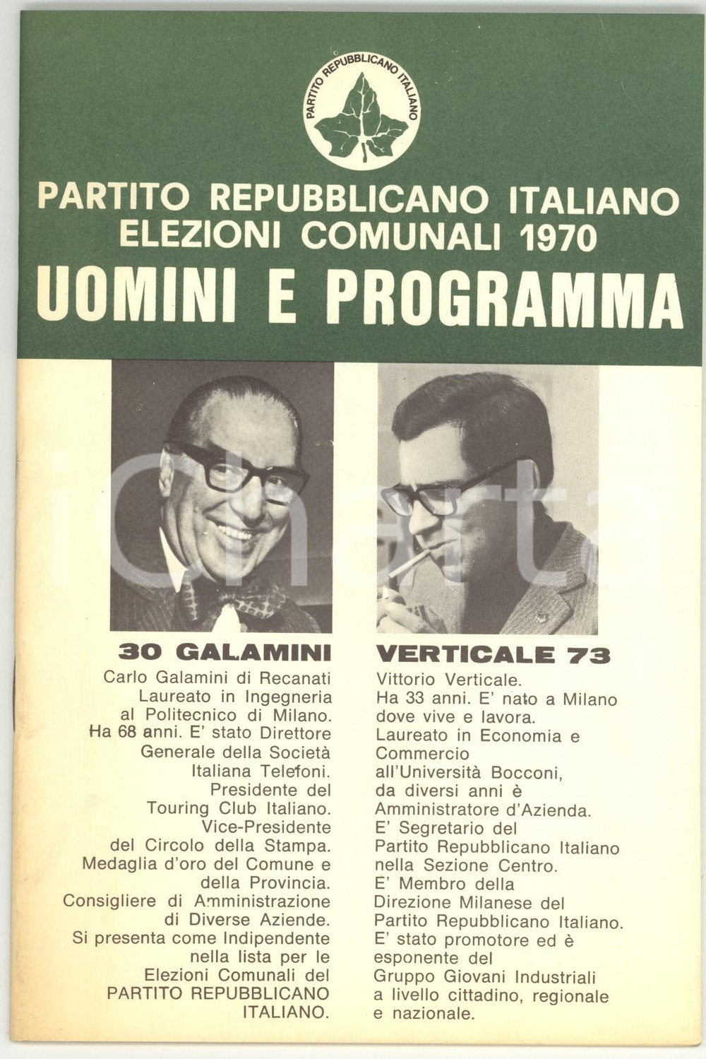 Materiale pubblicitario d’epoca 1970 MILANO PRI Elezioni comunali  Programma Carlo GALAMINI Vittorio VERTICALE 1