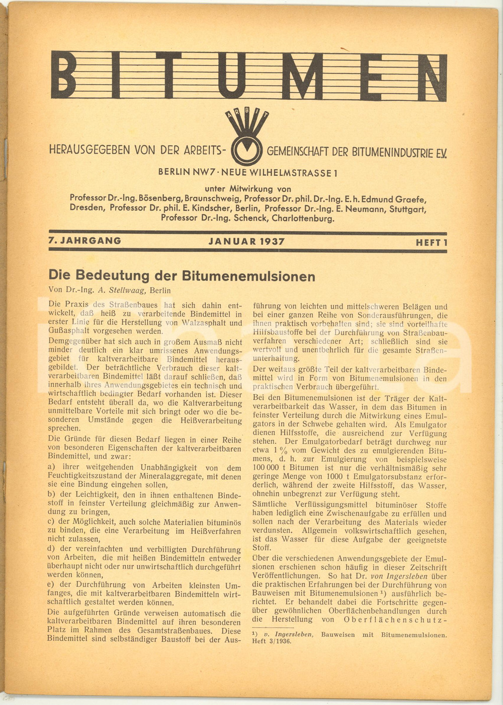 Giornale, rivista storica 1937 BERLIN BITUMEN Die Bedeutung der Bitumenemulsionen Rivista anno 7 nÂ° 1 1