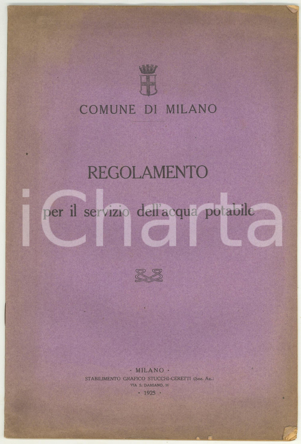 Libro, pubblicazione d epoca 1925 COMUNE DI MILANO Regolamento per il servizio dell acqua potabile  17 pp. 1