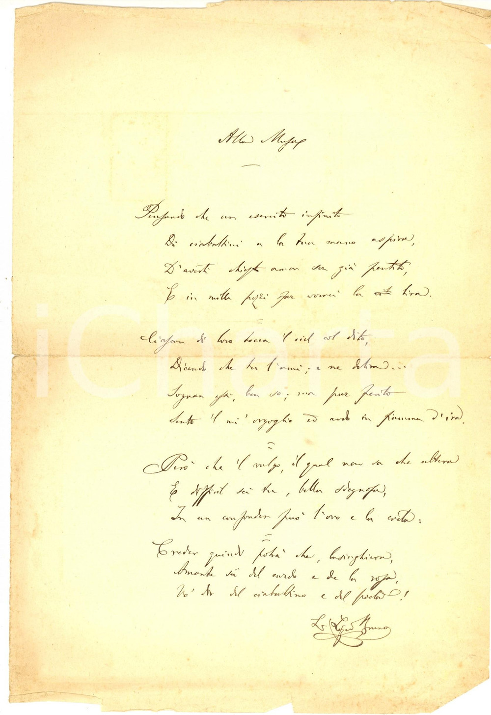 1899 AGRIGENTO Letterio LIZIO BRUNO Alla Musa *Poesia AUTOGRAFA INEDITA (?) Poesia autografa dello scrittore Letterio Lizio Bruno, probabilmente inedita.CONDIZIONI: POOR (piegatura centrale ed evidenti gualciture marginali)PAGINE: 1     originale e autentica 1