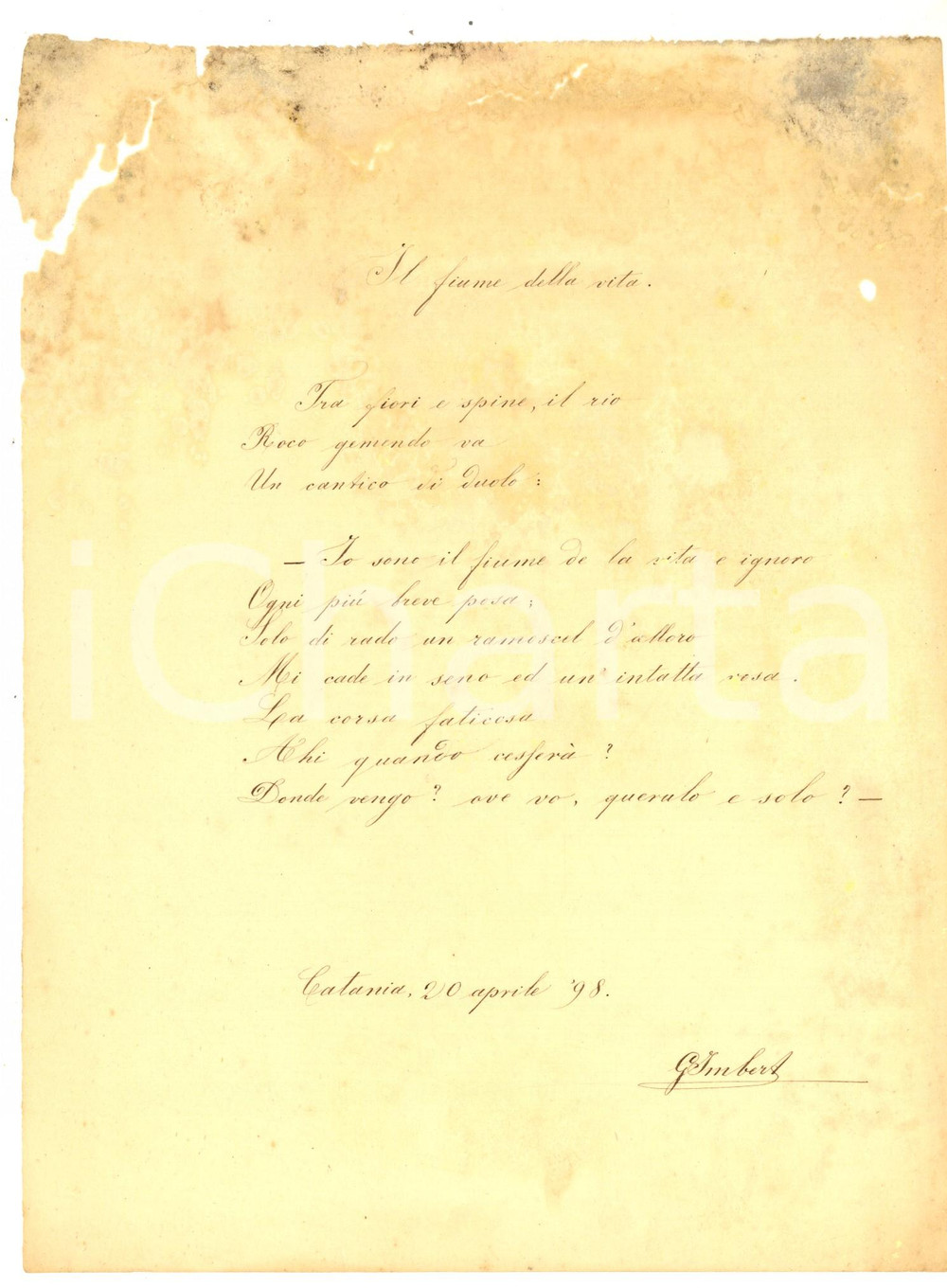 1898 CATANIA Gaetano IMBERT - Il fiume della vita - Poesia AUTOGRAFO DANNEGGIATO