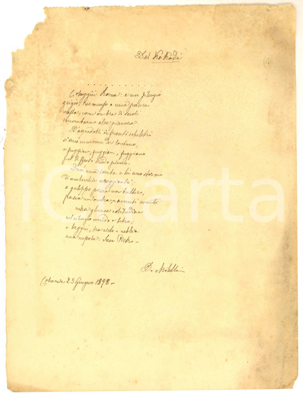 Autografo originale 1898 CATANIA Domenico MILELLI  Poesia su Roma  AUTOGRAFO DANNEGGIATO 1
