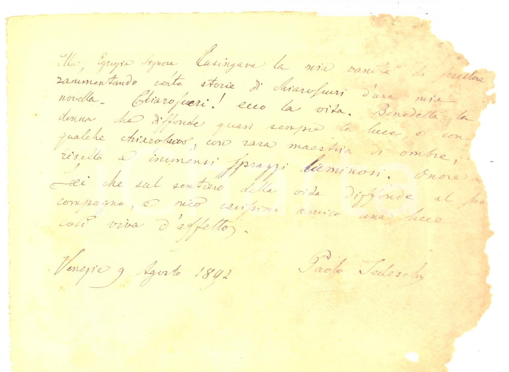 Autografo originale 1892 VENEZIA Paolo TEDESCHI  Benedetta la donna che diffonde luce AUTOGRAFO 1