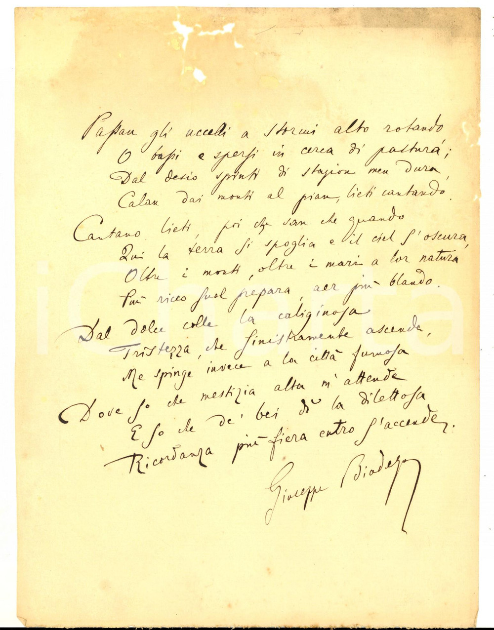 Autografo originale 1892 FERRARA Giuseppe BIADEGO Passan gli uccelli a stormi  AUTOGRAFO 1