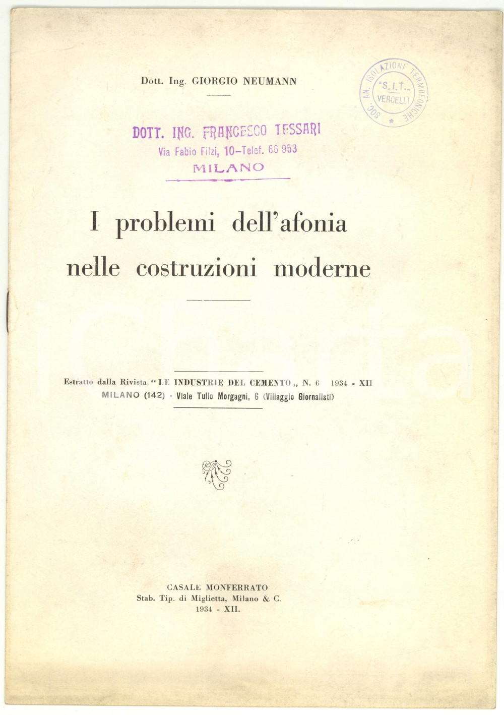 Libro, pubblicazione d epoca 1934 Giorgio NEUMANN I problemi dell afonia nelle costruzioni moderne 1