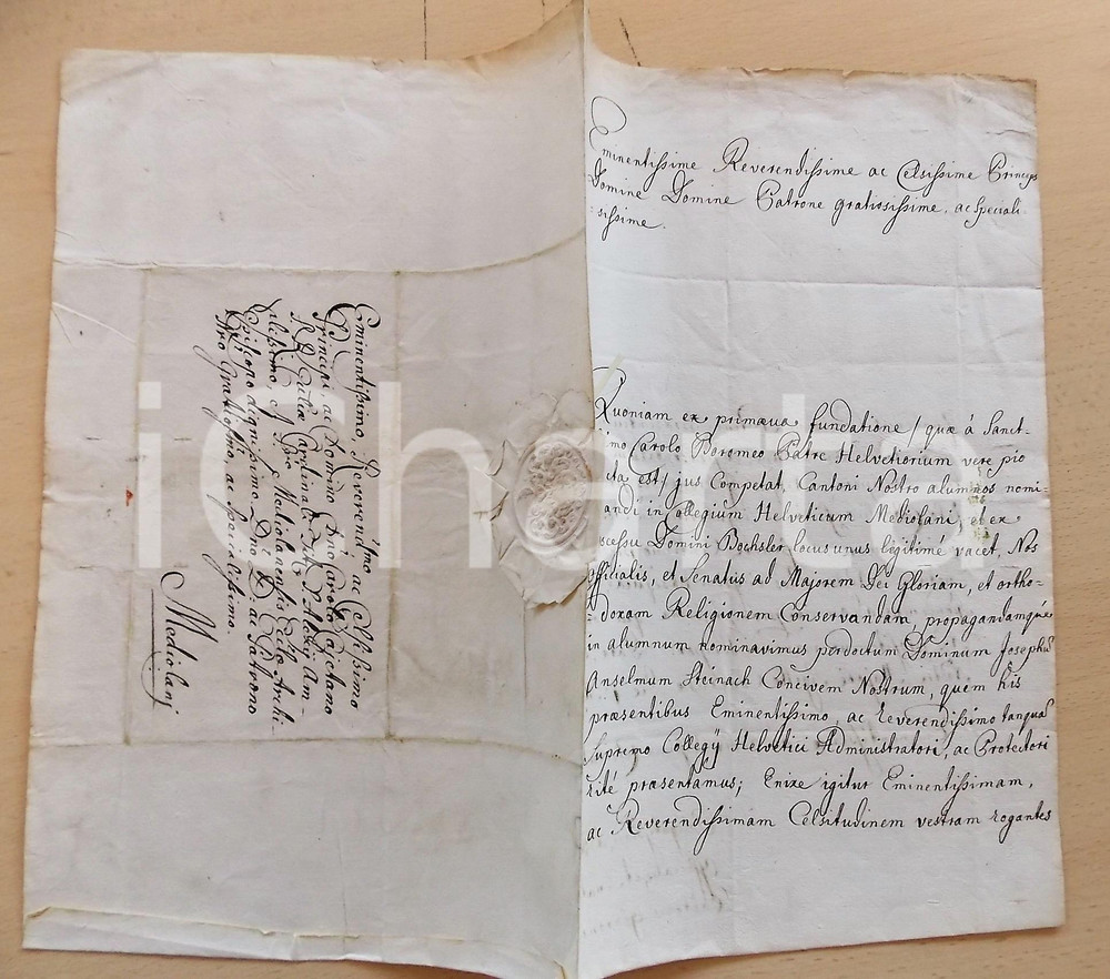 Documento originale, autentico 1741 GLARONA CH Invio Joseph Anselm STEINACH al Collegio Elvetico 1