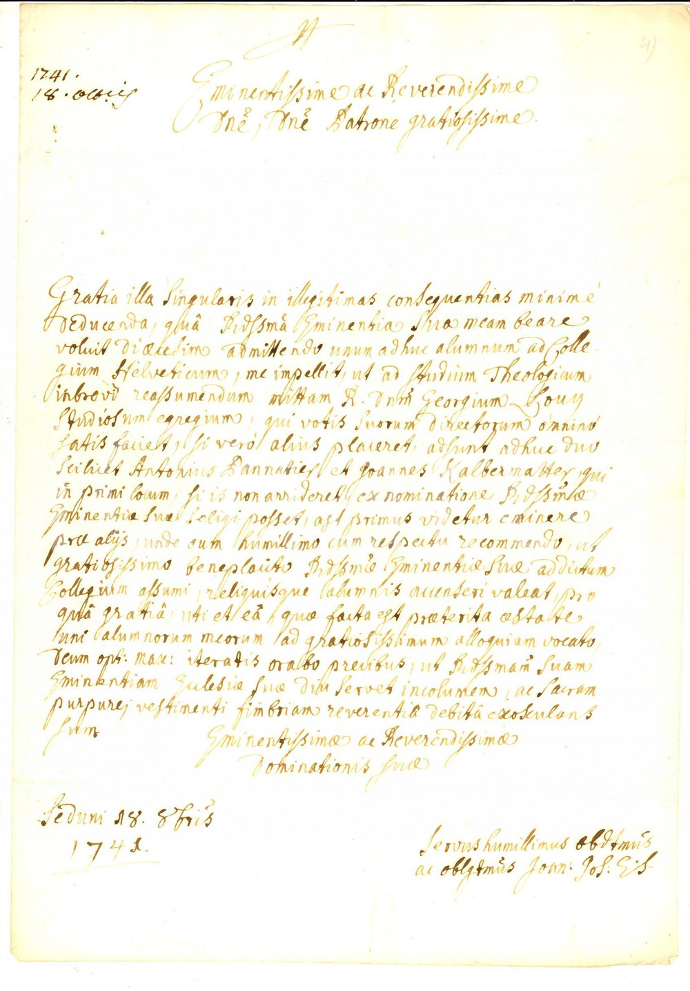 Documento originale, autentico 1742 SION SVIZZERA Invio di Georg LÃ–WY al Collegio Elvetico  Lettera 1