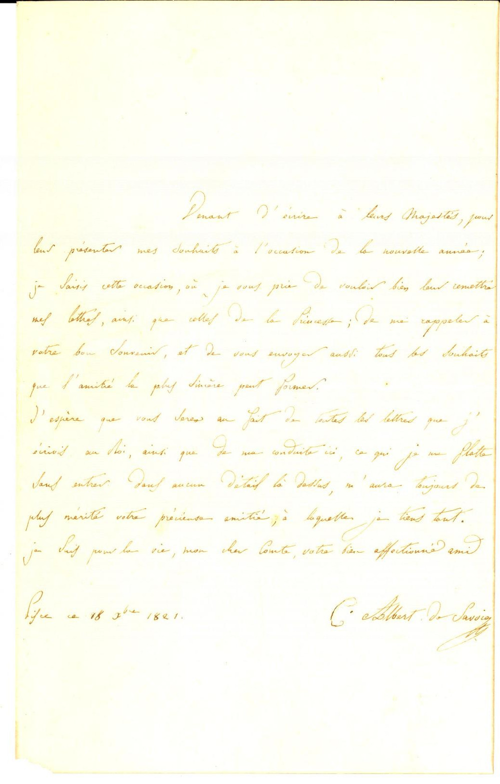 Autografo originale 1821 PISA Lettera CARLO ALBERTO DI SAVOIA a un nobile della corte AUTOGRAFO 1