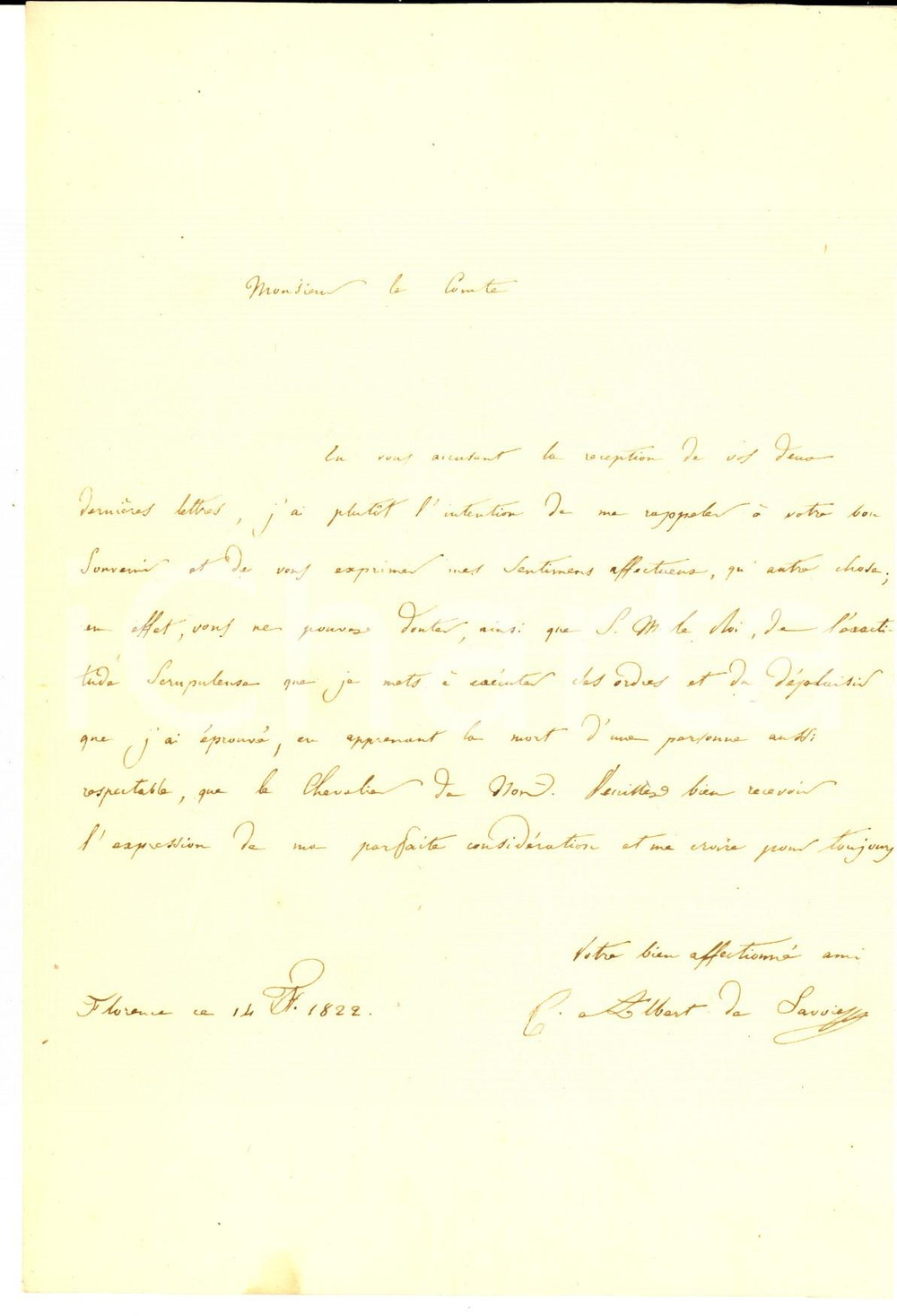Autografo originale 1822 FIRENZE Lettera CARLO ALBERTO DI SAVOIA per condoglianze AUTOGRAFO 1