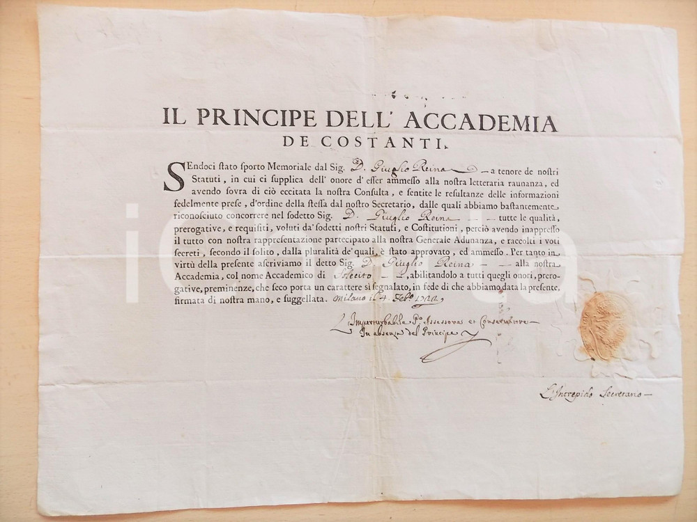 Documento originale, autentico 1722 MILANO ACCADEMIA DEI COSTANTI Ammissione Giulio REINA  Attestato sigillo 1