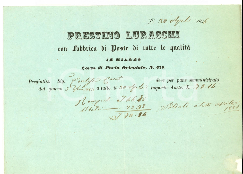 Documento originale, autentico 1856 MILANO PORTA ORIENTALE Prestino LURASCHI  Conto pane contessa CASATI 1