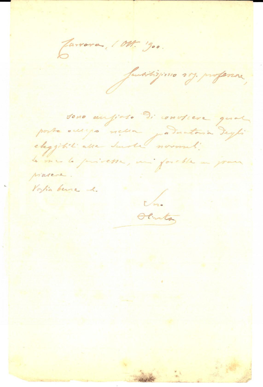 1900 CARRARA Lettera poeta Olinto DINI per posto in graduatoria *Autografo