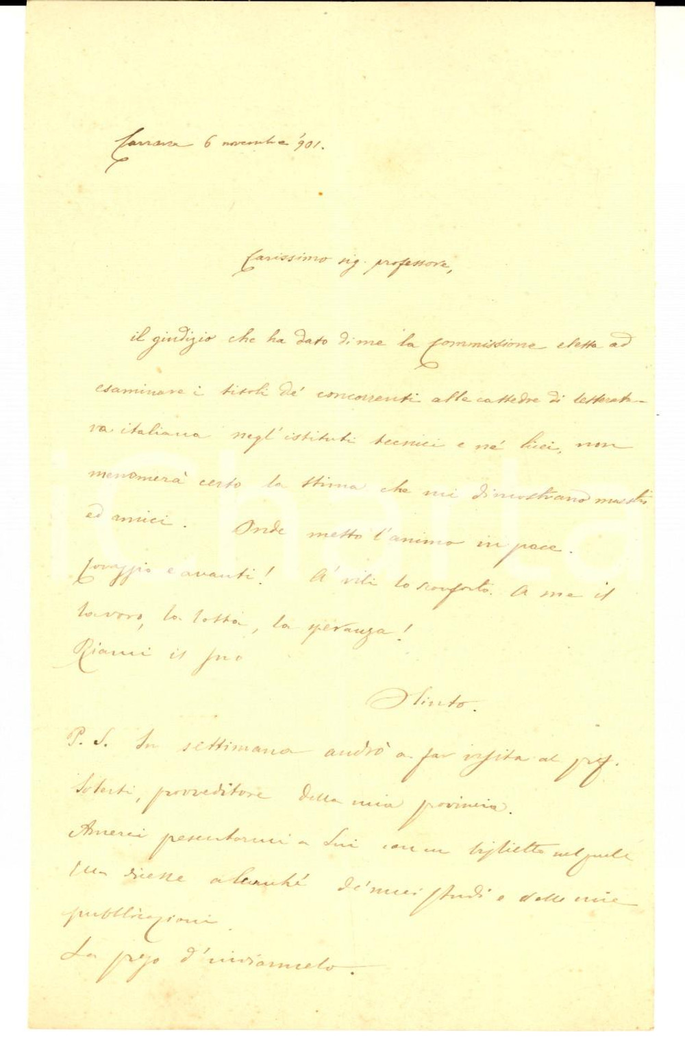1900 CARRARA Poeta Olinto DINI deluso per i risultati di un concorso *Autografo