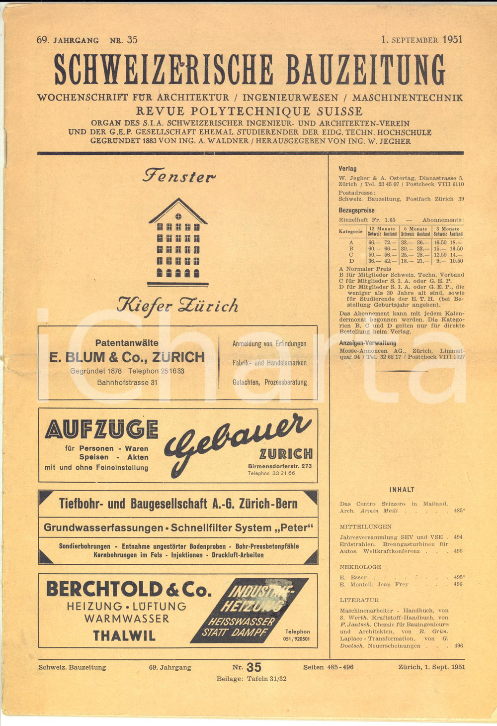 Giornale, rivista storica 1951 SCHWEIZERISCHE BAUZEITUNG Das Centro Svizzero in Mailand  N.35 1