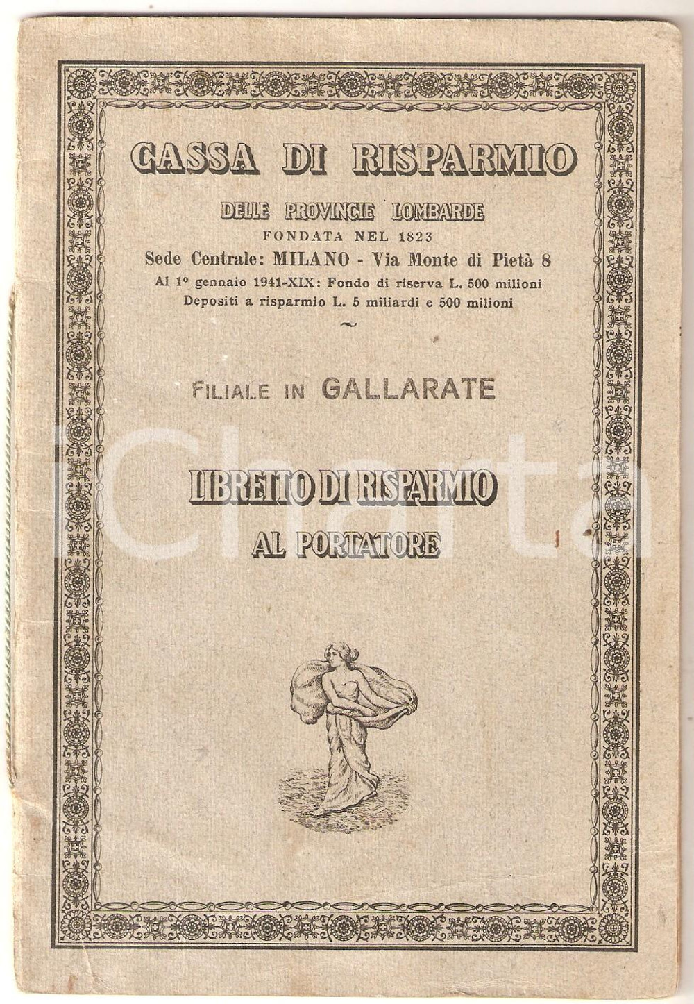 Oggetto da collezione cartaceo 1942 GALLARATE Cassa di Risparmio Provincie Lombarde  Libretto di risparmio 1