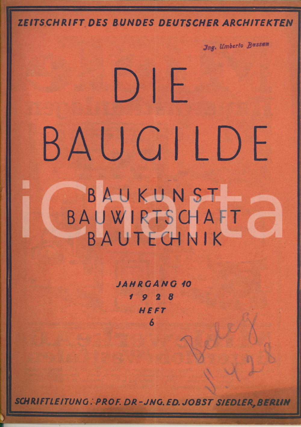 Giornale, rivista storica 1928 DIE BAUGILDE Baukunst Bauwirtschaft  Hamburgs Wohnungspolitik  Anno X n°6 1