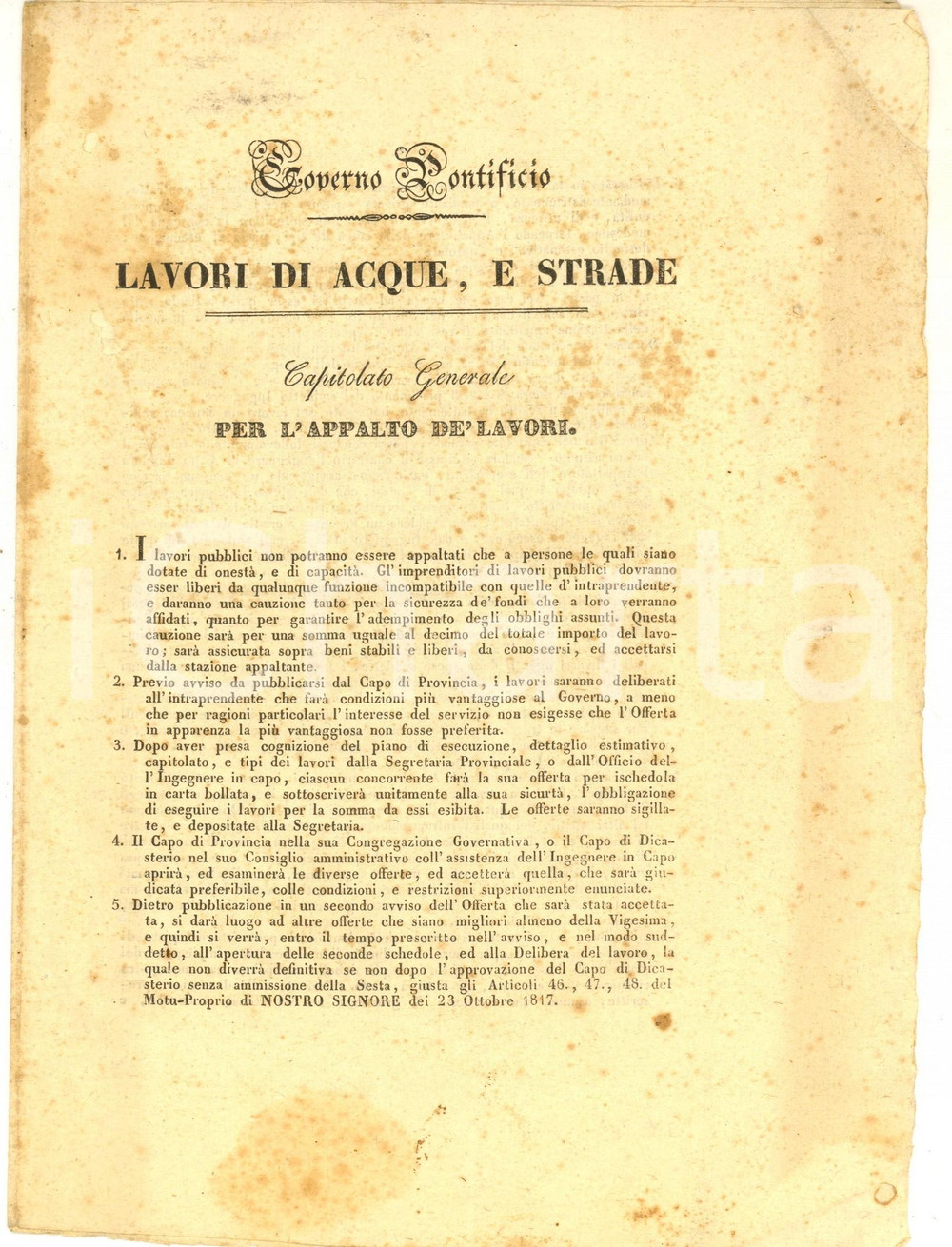 Documento originale, autentico 1820 ca GOVERNO PONTIFICIO Lavori di acque e strade  Capitolato generale 8 pp. 1