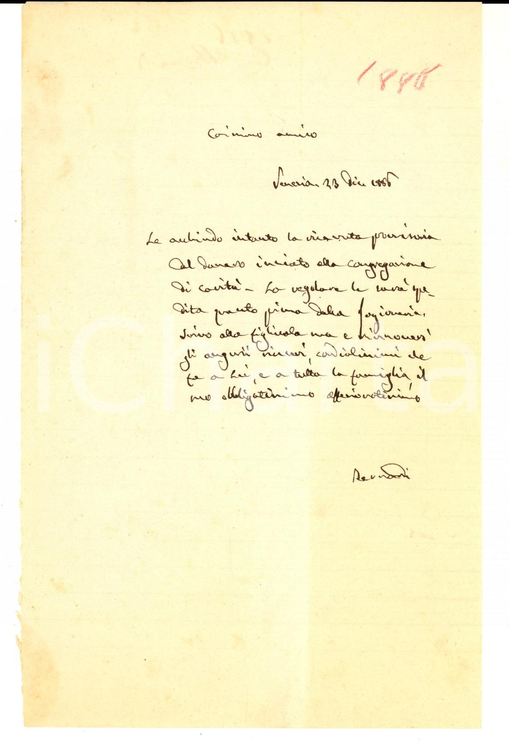 Manoscritto, lettera originale 1886 VENEZIA Congregazione di CaritÃ   Lettera a un benefattore per ricevuta 1