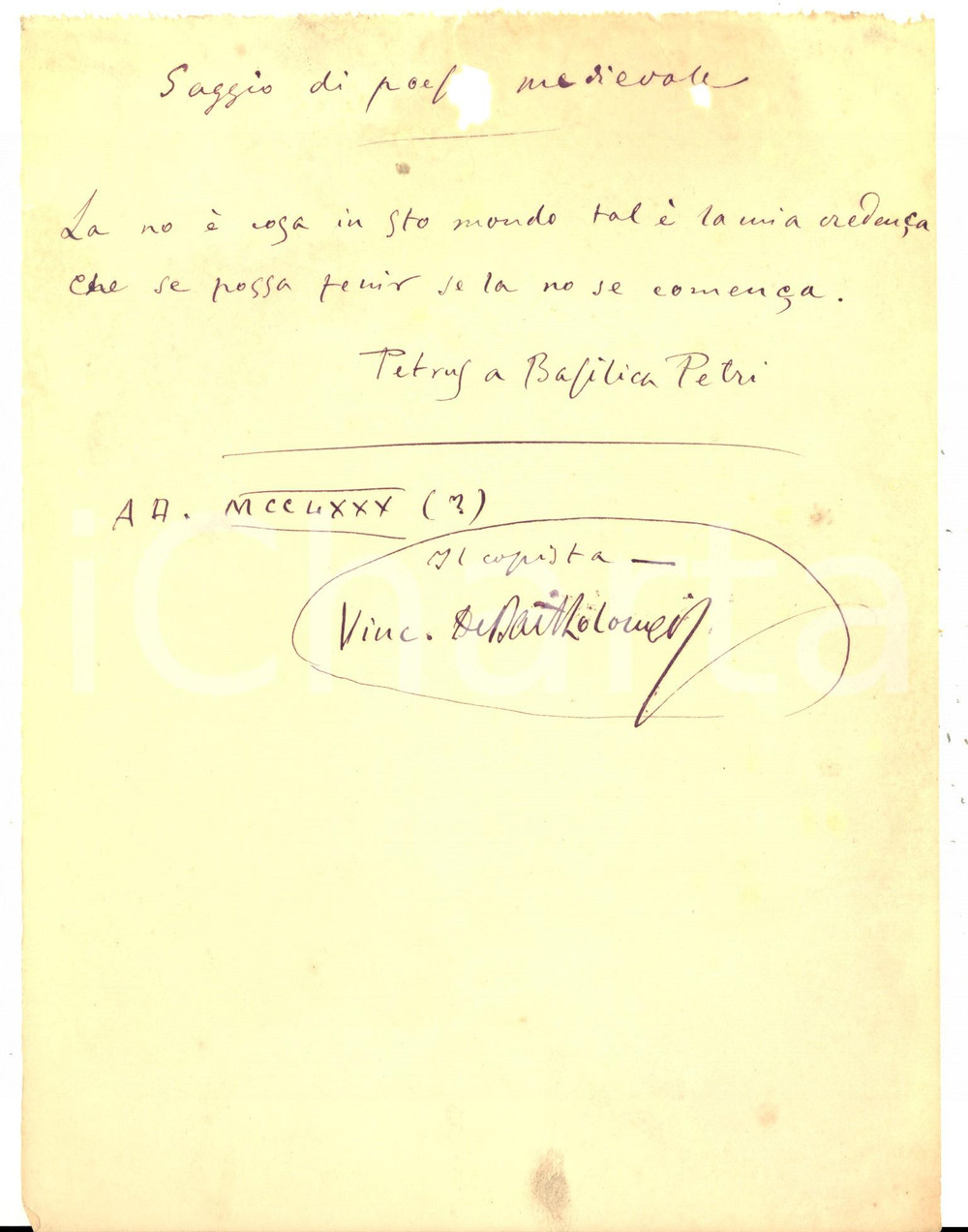 Autografo originale 1900 ca Vincenzo DE BARTOLOMEIS Saggio di poesia medievale AUTOGRAFO DANNEGGIATO 1