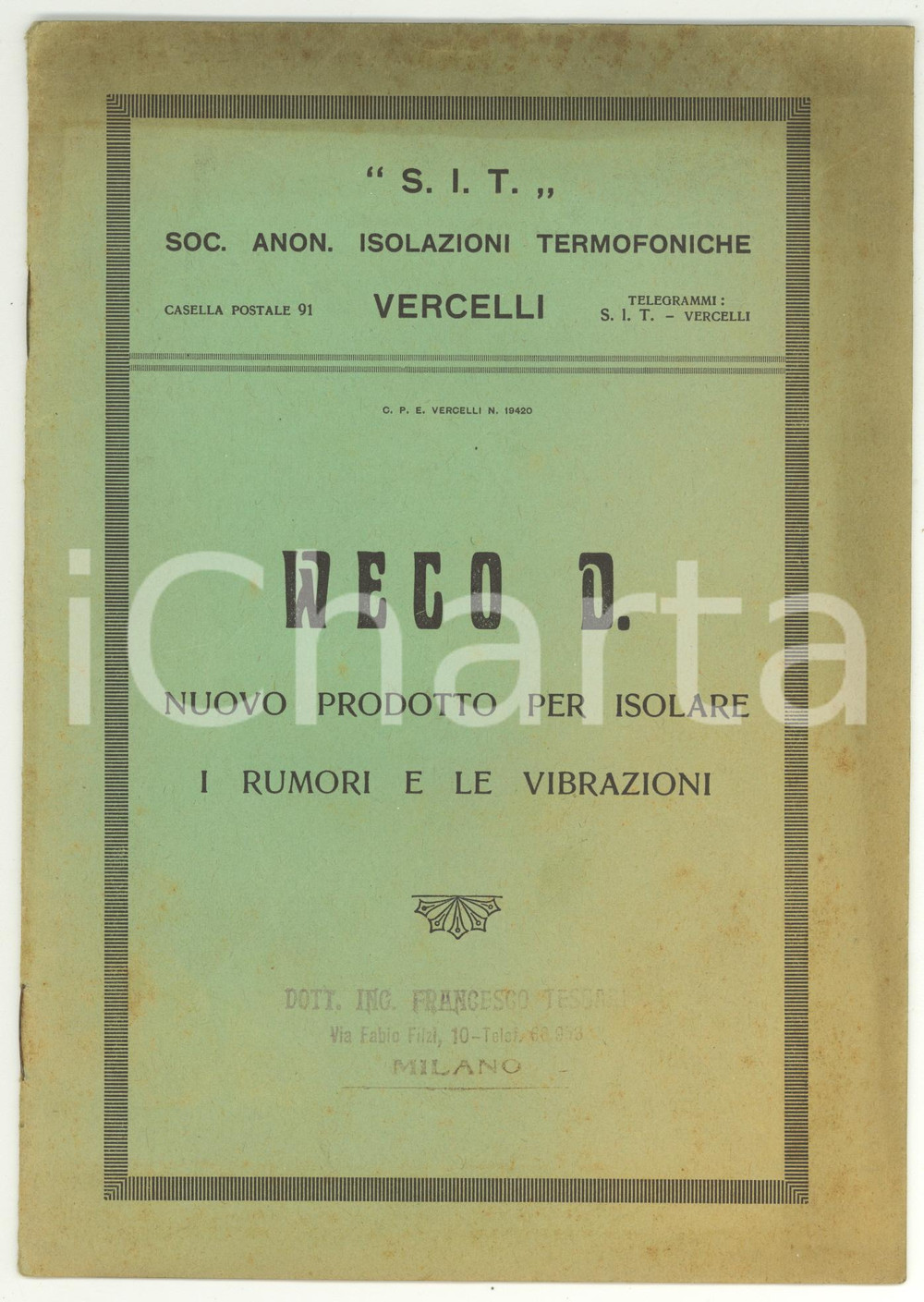 Materiale pubblicitario d’epoca 1935 ca VERCELLI SocietÃ  SIT  WECO D. Prodotto per isolare i rumori  Opuscolo 1