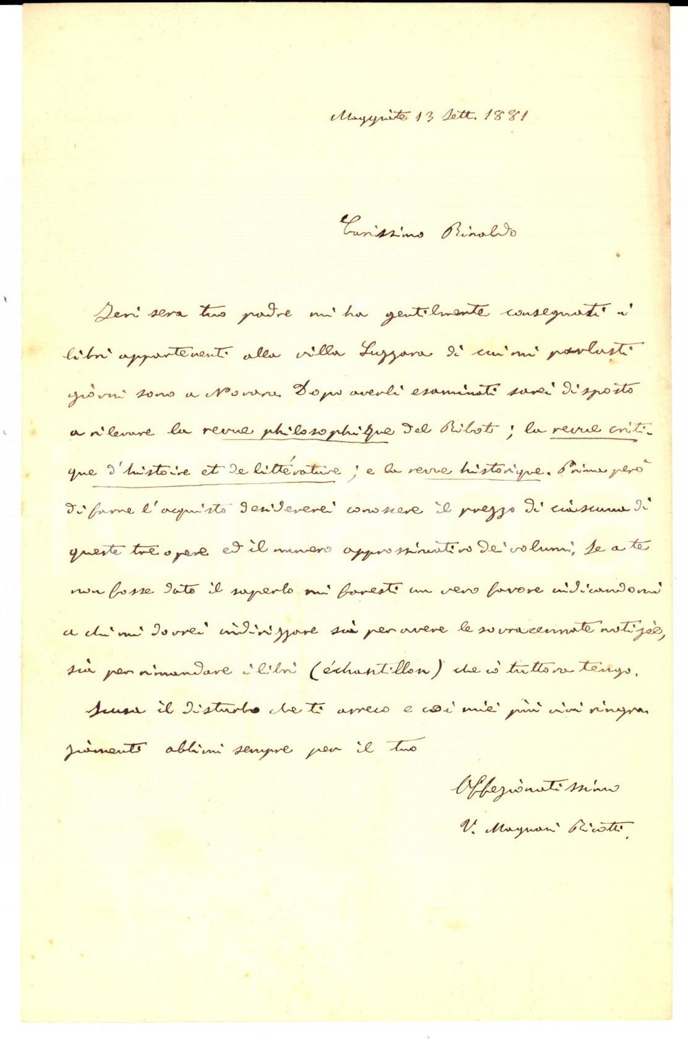 Autografo originale 1881 MAGGIATE Vittorio MAGNANI RICOTTI acquista libri da Villa LUZZARA Autografo 1