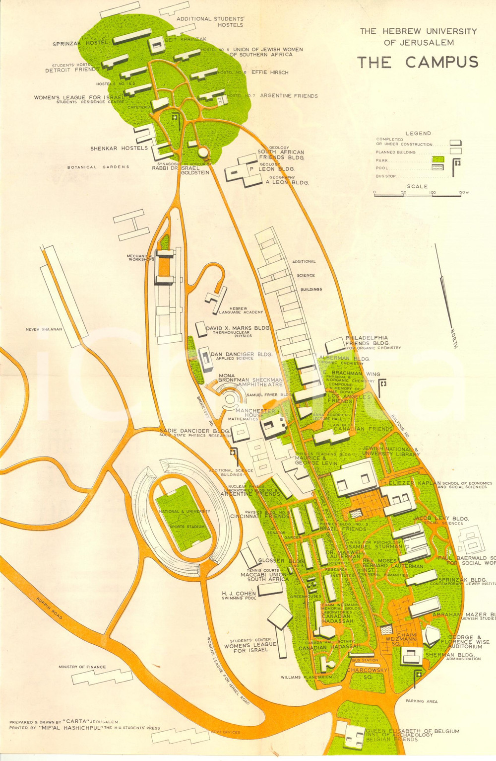 Materiale pubblicitario d’epoca 1970 ca THE HEBREW UNIVERSITY OF JERUSALEM Map of the campus 1
