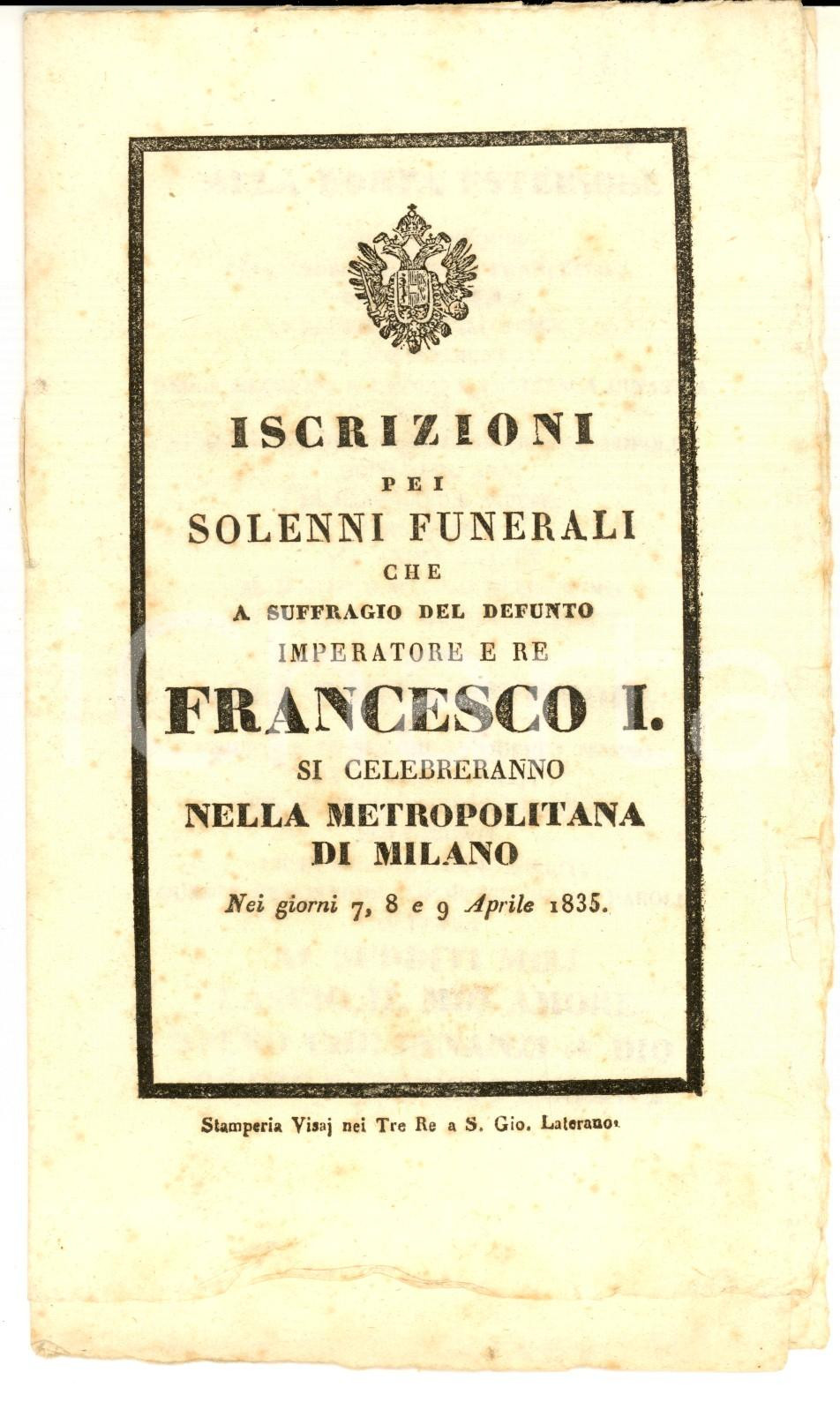 Libro, pubblicazione d epoca 1835 MILANO Iscrizioni pei solenni funerali del defunto imperatore Francesco I 1