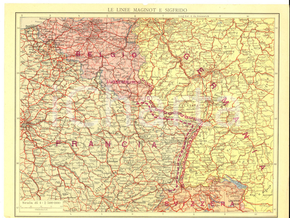 Stampa, bozzetto originale 1939 WW2 Le linee MAGINOT e SIGFRIDO  Carta allegata alla rivista PANORAMA 1