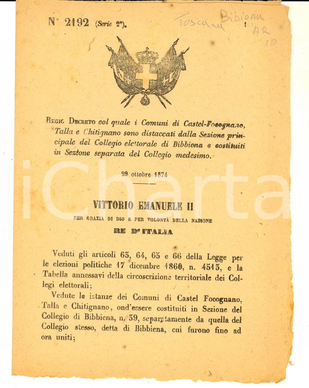 1874 REGNO D'ITALIA Regio Decreto per distacco CASTEL FOCOGNANO e TALLA