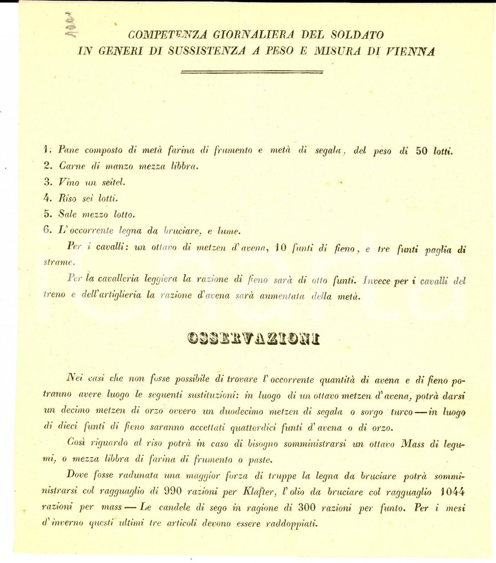 Documento originale, autentico 1890 ca IMPERO AUSTROUNGARICO Competenza giornaliera del soldato sussistenza 1