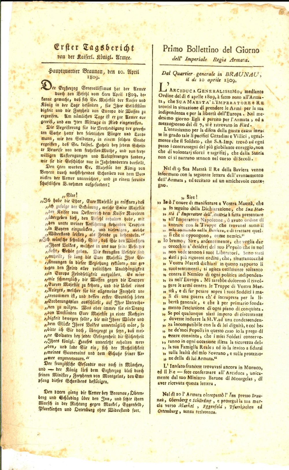Documento originale, autentico 1809 BRAUNAU Primo bollettino del giorno  Imperiale Regia Armata Manifesto 1