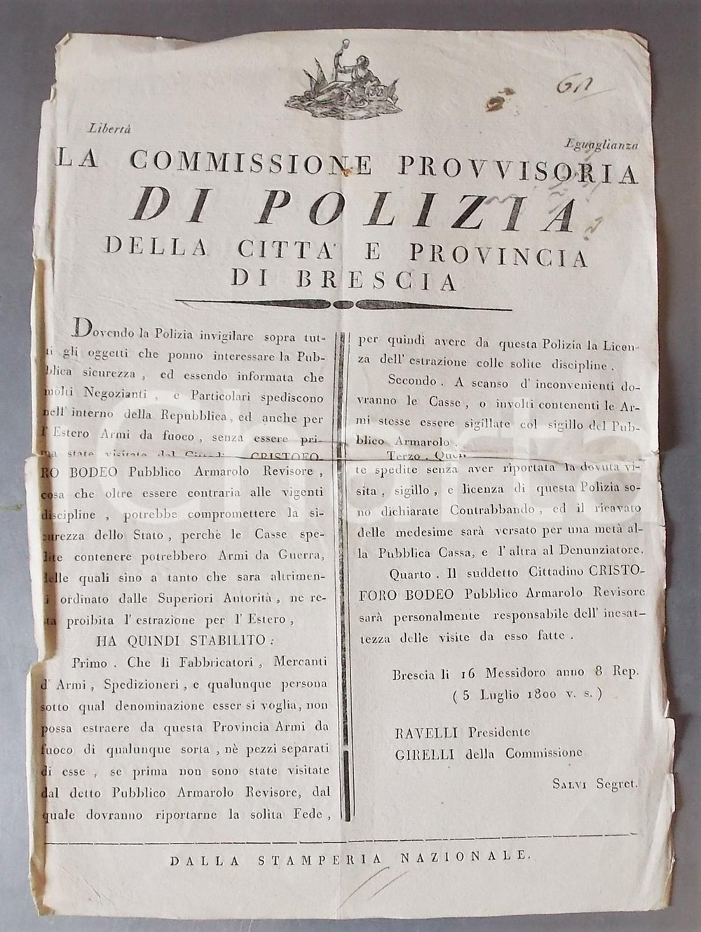 1800 REPUBBLICA CISALPINA BRESCIA Divieto esportazione armi da fuoco - Avviso