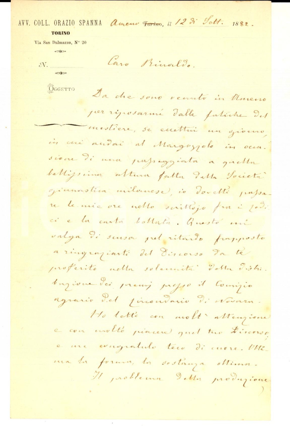 Autografo originale 1882 AMENO NO Orazio SPANNA e le cause della crisi agraria  Autografo 1