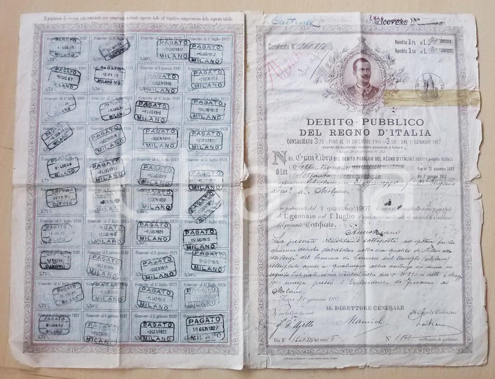 Oggetto da collezione cartaceo 1907 REGNO D ITALIA Debito Pubblico  Cartella al portatore con cedole 1