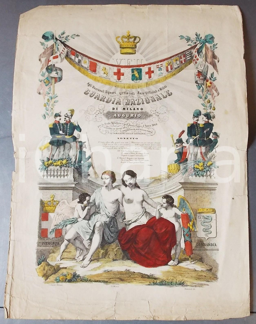 Stampa, bozzetto originale 1860 GUARDIA NAZIONALE DI MILANO Sonetto per auguri Natale  STAMPA RARA 36x50 1