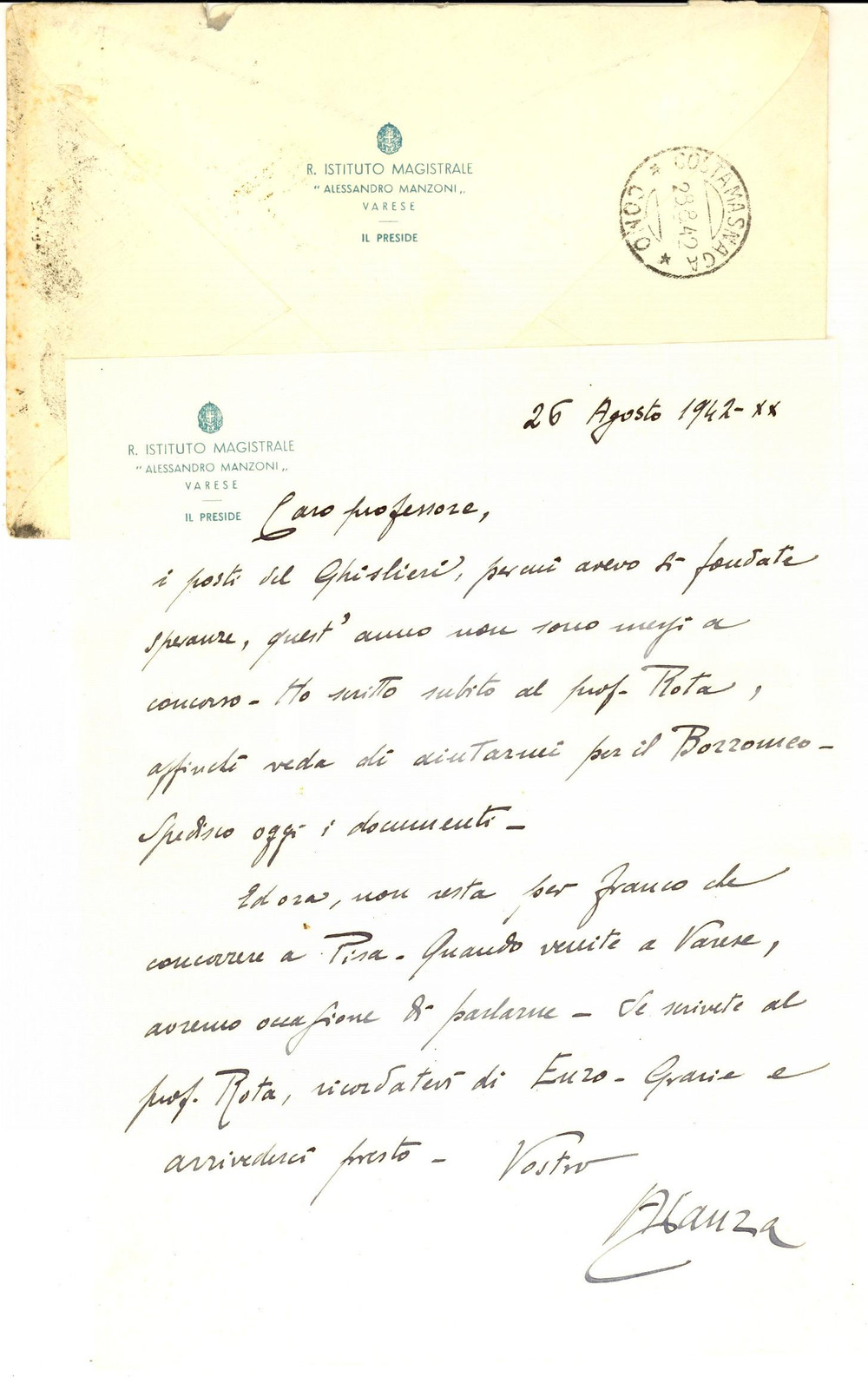 1942 VARESE Ist. Magistrale MANZONI - Lettera preside Alfonso LANZA *Autografo