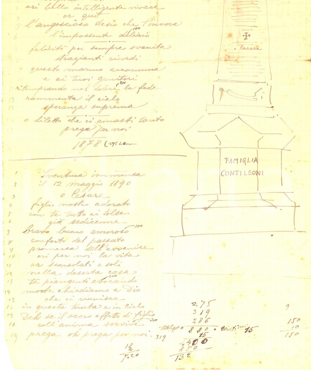 Documento originale, autentico 1890 PADOVA Famiglia conti LEONI  Bozza per lapide funeraria Cesare e Carlino 1