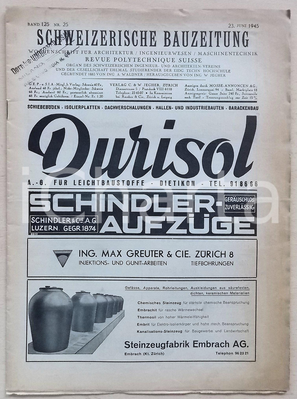 Giornale, rivista storica 1945 SCHWEIZERISCHE BAUZEITUNG Der moderne Spitalbau  Rivista ILLUSTRATA nÂ° 25 1