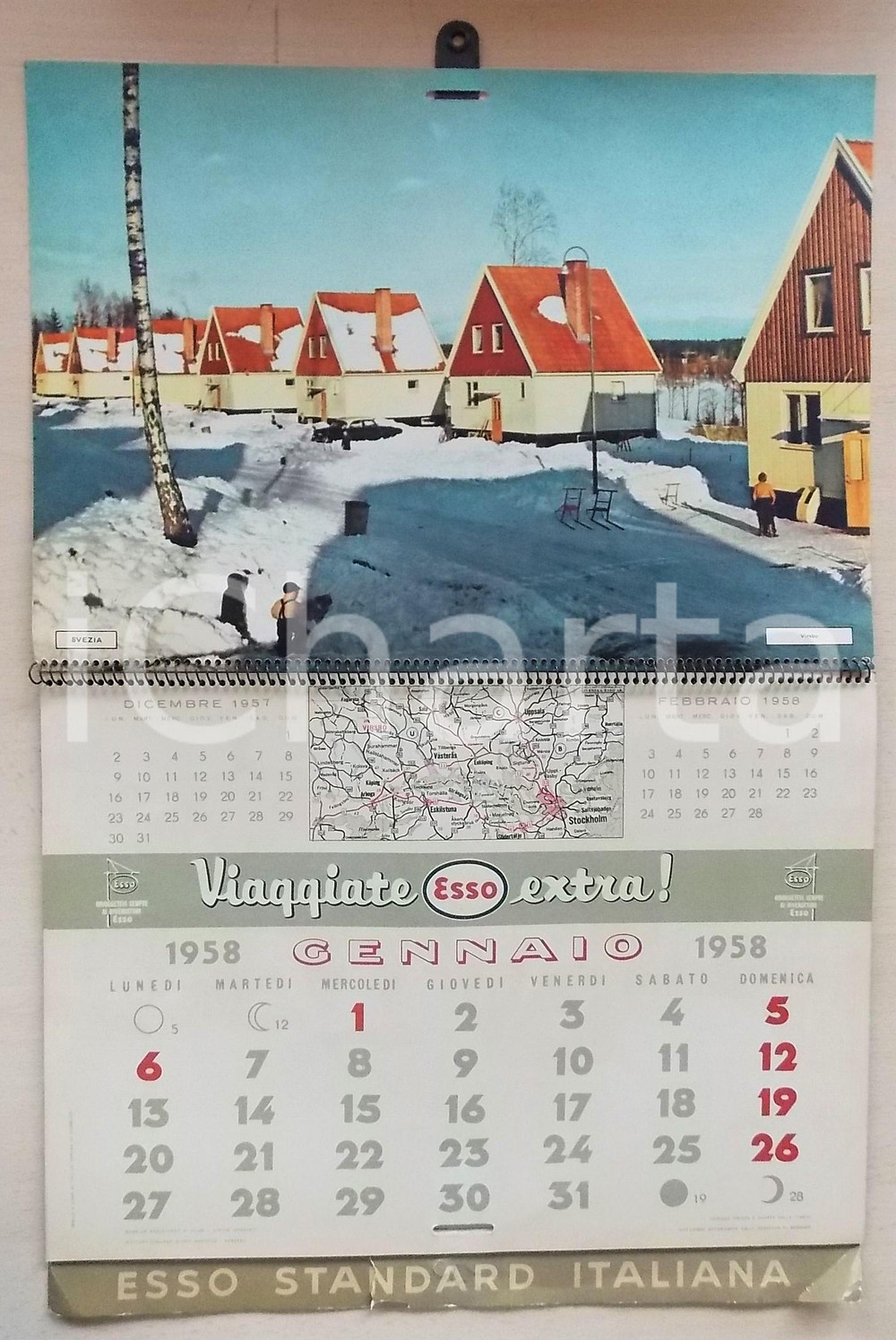 Oggetto da collezione cartaceo 1958 ESSO Calendario illustrato  Paesi d Europa PUBBLICITARIO 34x27 cm 1
