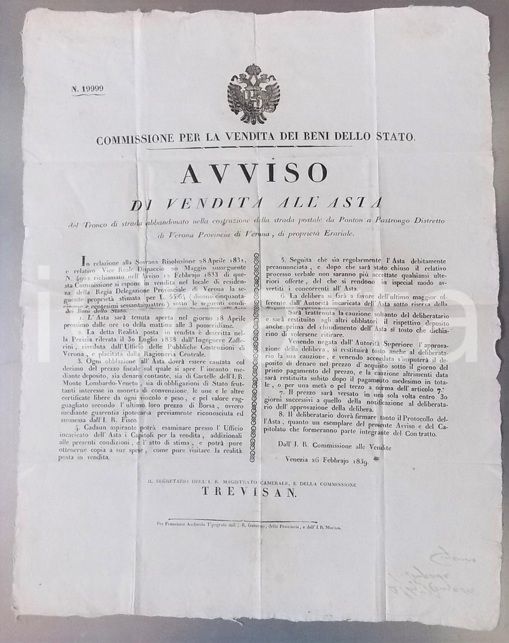 Documento originale, autentico 1839 VENEZIA Avviso asta per tronco strada abbandonato PONTON  PASTRENGO 1