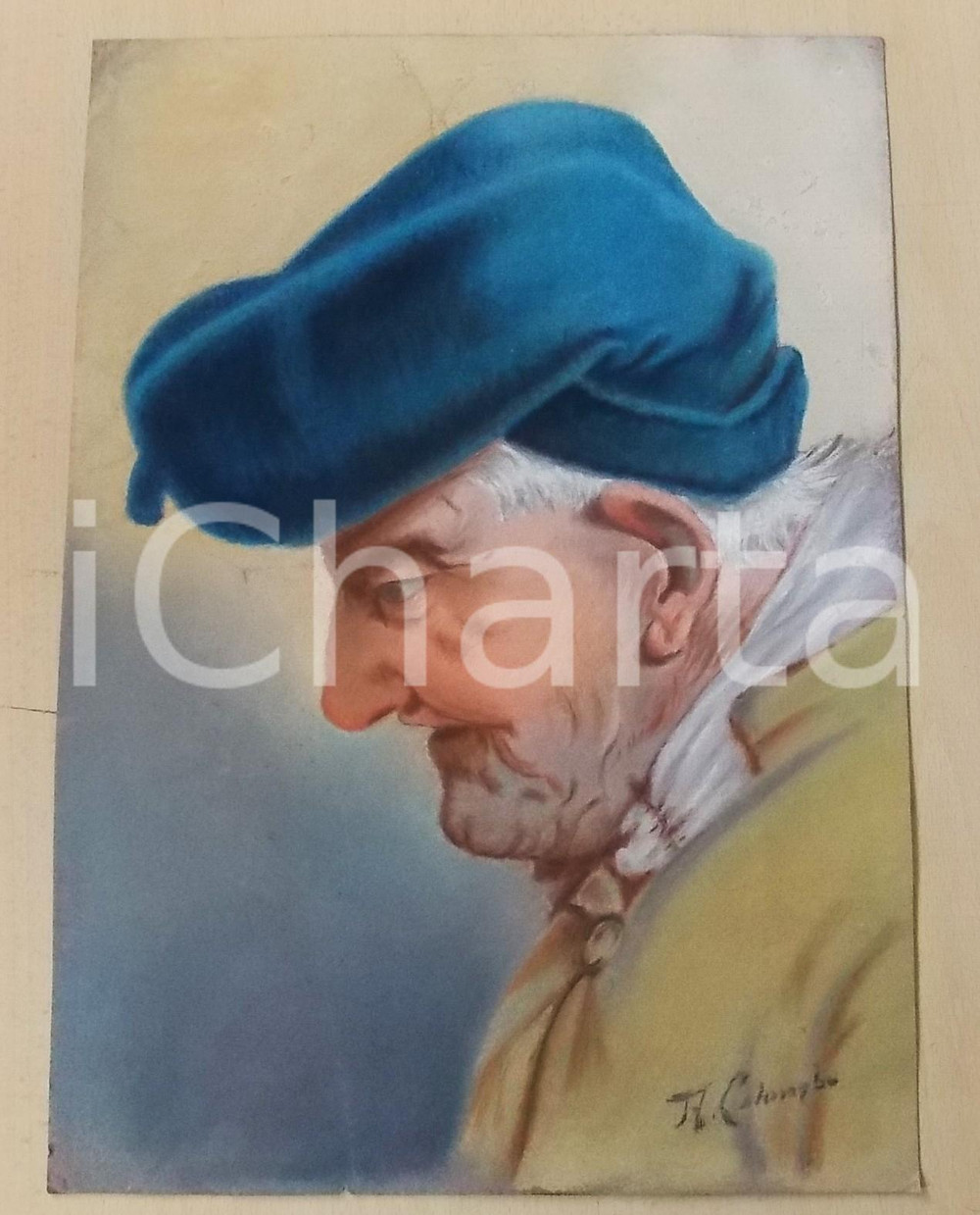 Opera d’arte autentica 1930 ca A. COLOMBO Testa di vecchio con berretta  Pastello su carta 28x39 cm 1