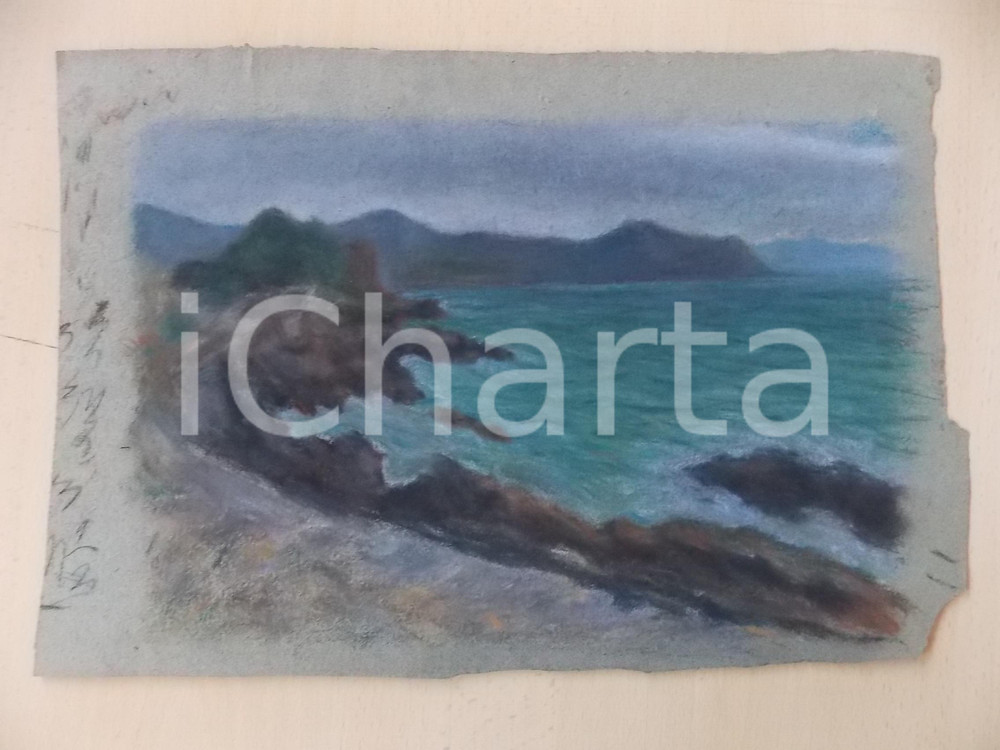 Opera d’arte autentica 1930 ca ARTE Veduta marina in giornata nuvolosa  Pastello su carta 37x26 cm 1