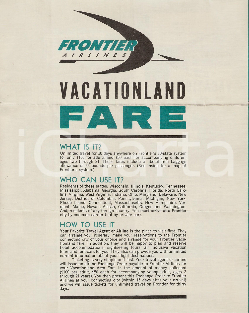 Materiale pubblicitario d’epoca 1965 ca FRONTIER AIRLINES Vacationland fare  Pieghevole 21x9 cm 1