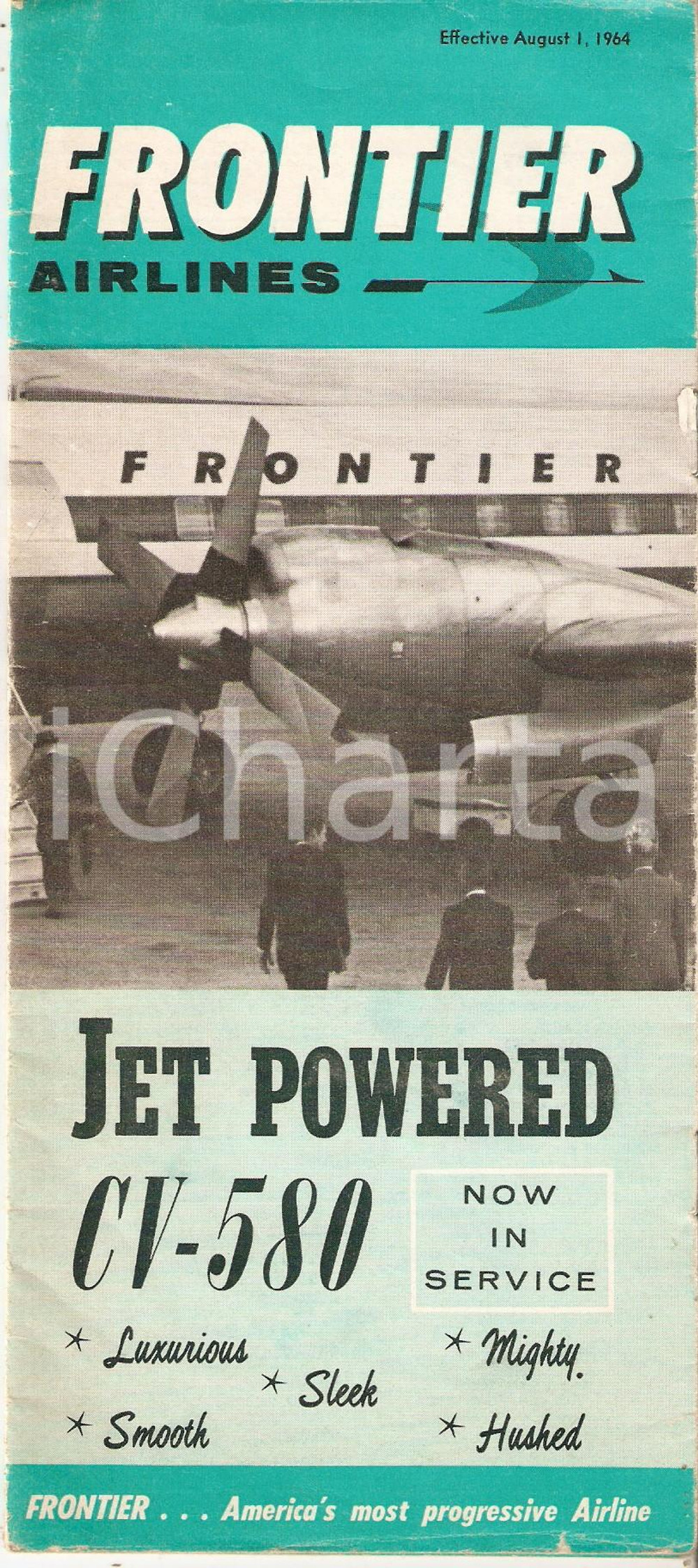 Materiale pubblicitario d’epoca 1964 FRONTIER AIRLINES Jet powered CV580  New time save table  Brochure 10x23 1