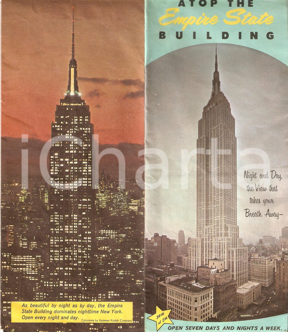 Materiale pubblicitario d’epoca 1965 ca NEW YORK Atop the EMPIRE STATE BUILDING Pieghevole ILLUSTRATO 10x23 cm 1
