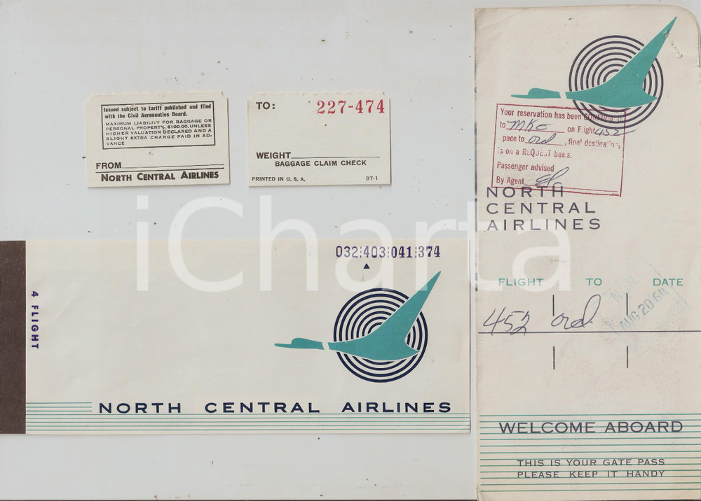Oggetto da collezione cartaceo 1964 NORTH CENTRAL AIRLINES Empty carnet for 4 flights and baggage claim checks 1