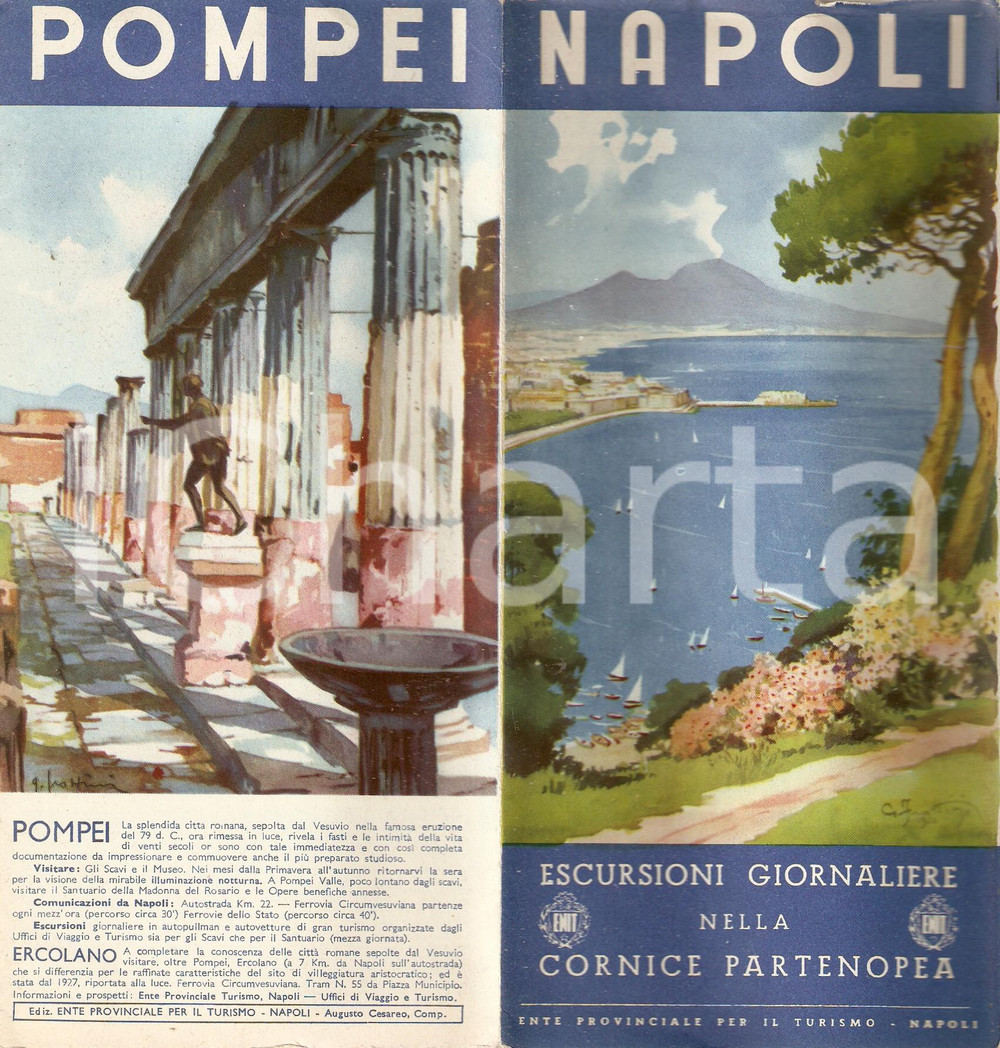 Materiale pubblicitario d’epoca 1951 ENIT Escursioni giornaliere nella cornice partenopea Pieghevole ILLUSTRATO 1