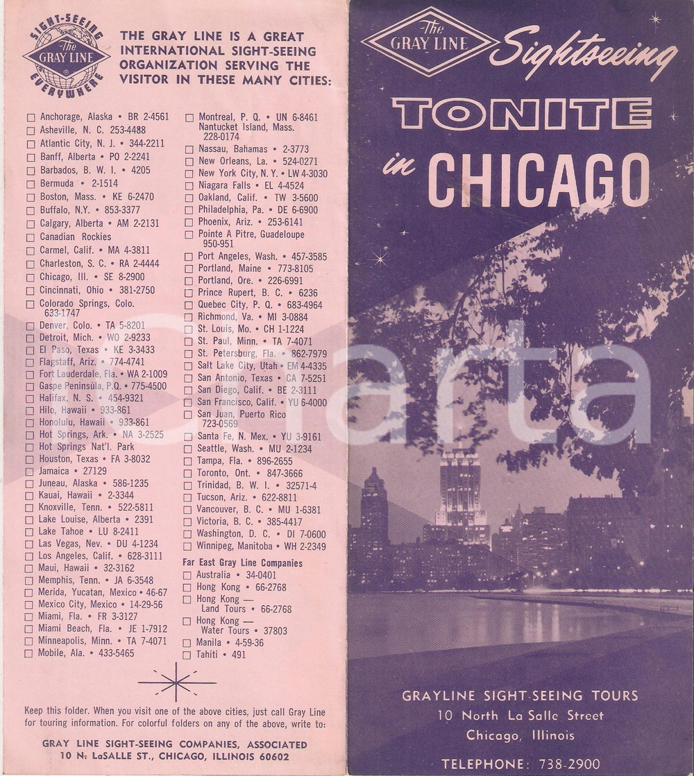 Materiale pubblicitario d’epoca 1965 ca CHICAGO Grayline sightseeing tours  Tonite in Chicago Pieghevole 10x22 1