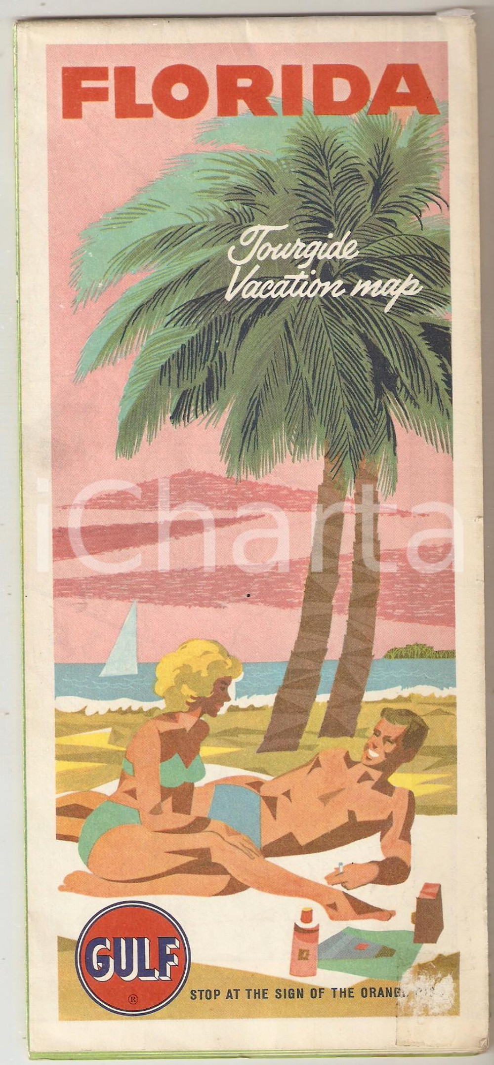 Mappa, planimetria storica 1963 GULF OIL CORPORATION Tourgide vacation map of FLORIDA  Cartina 15x72 cm 1