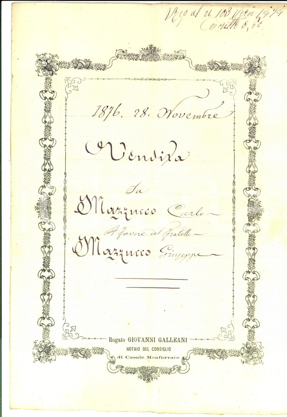 Documento originale, autentico 1876 SAN GERMANO / CASALE MONFERRATO Carlo MAZZUCCO vende terra al fratello 1